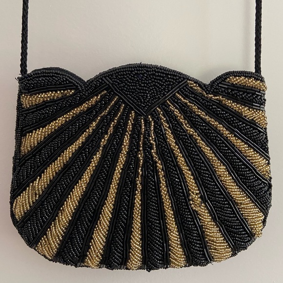 Vintage Carla Marchi Beaded Purse Black Gold Long Shoulder Strap Evening Bag - Picture 1 of 16